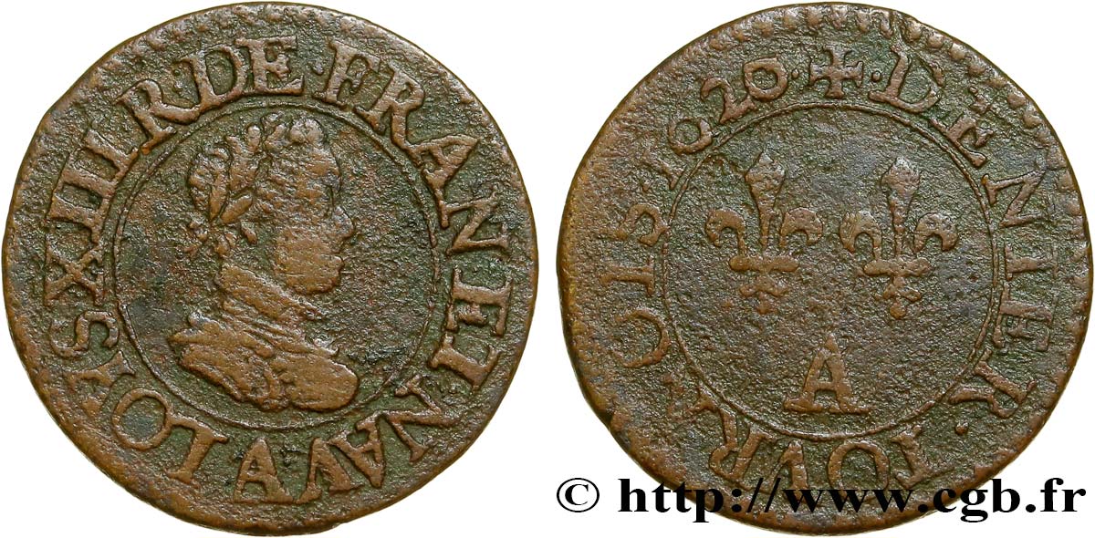 LOUIS XIII LE JUSTE Denier tournois, type 1 1620 Paris TB