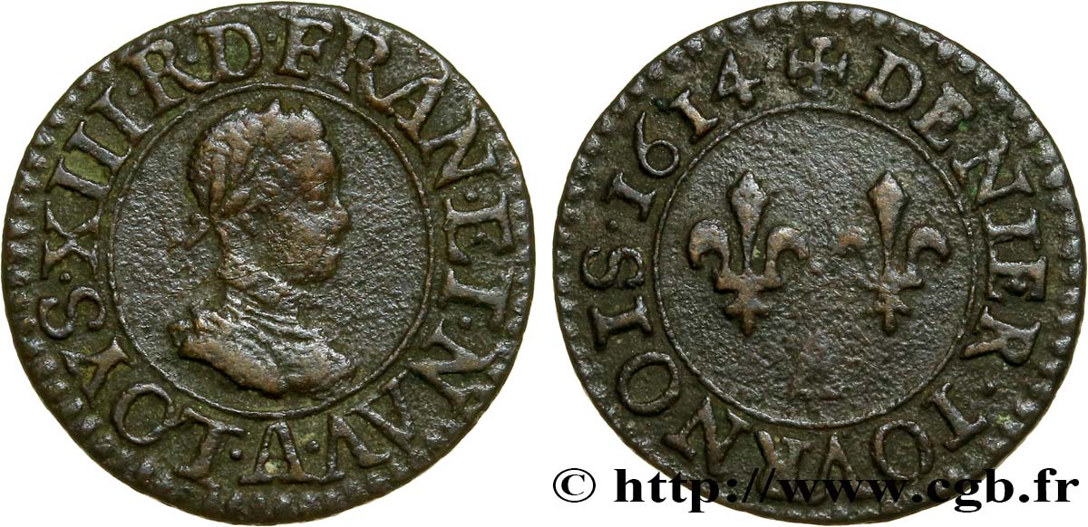LOUIS XIII LE JUSTE Denier tournois, type 1 1614 Paris TTB