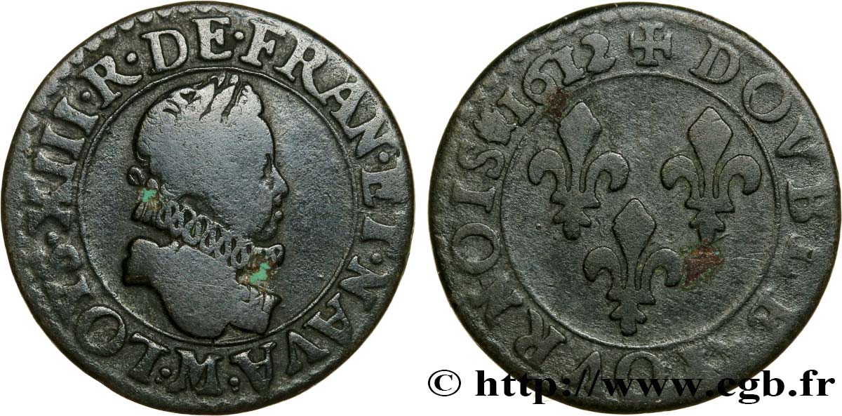 LOUIS XIII LE JUSTE Double tournois 1612 Toulouse B+