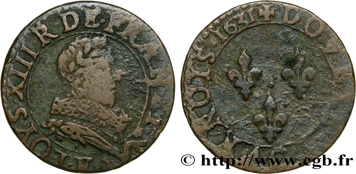 LOUIS XIII LE JUSTE Double tournois, type 1 de Tours 1631 Tours B+