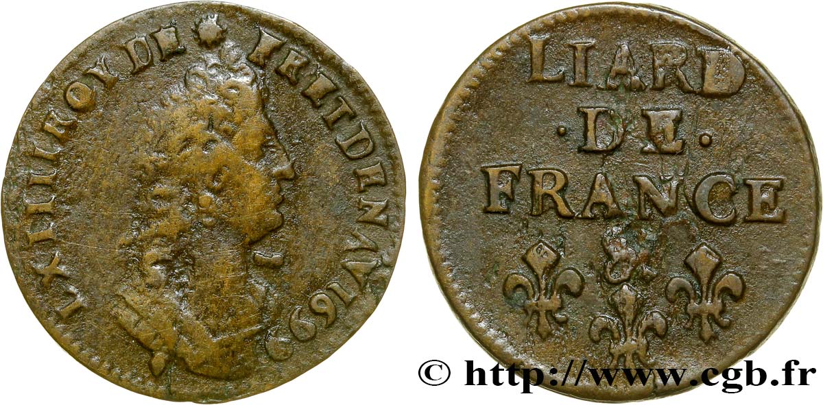 LOUIS XIV LE GRAND OU LE ROI SOLEIL Liard, 3e type, buste âgé 1699 Aix-en-Provence TB/TB+