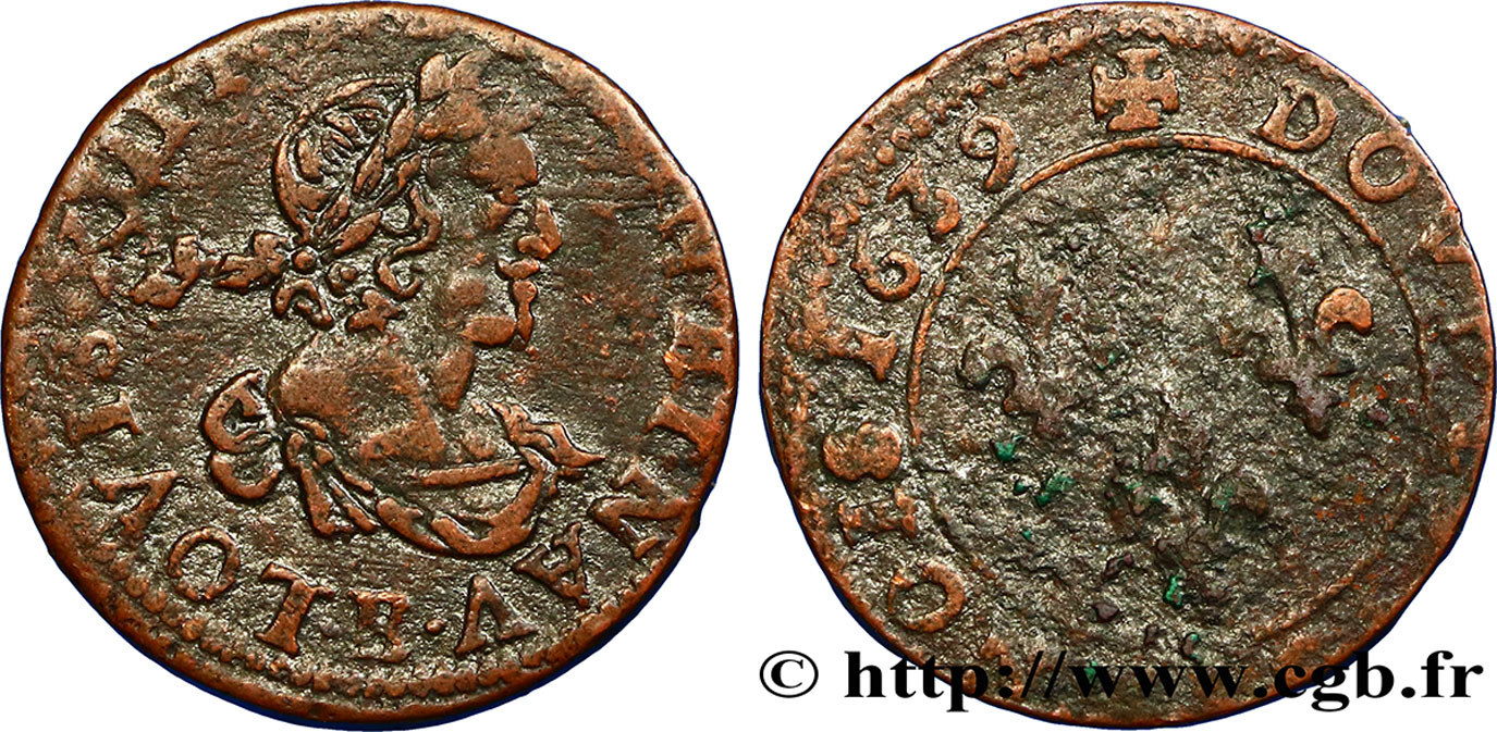 LOUIS XIII LE JUSTE Double tournois, 19e type 1639 Tours TB/B+