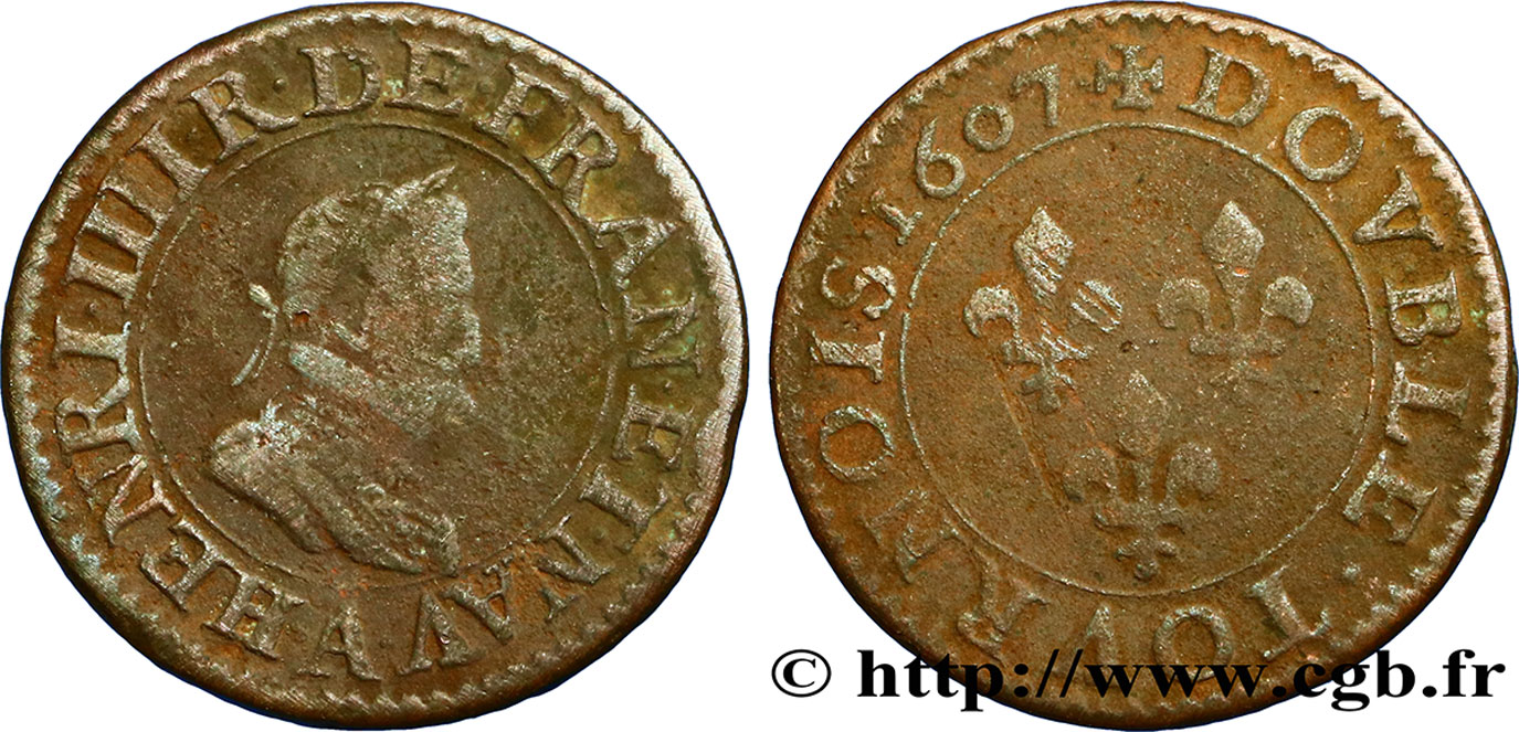 HENRI IV LE GRAND Double tournois, 2e type de Paris (légende française) 1607 Paris, Moulin des Étuves TB