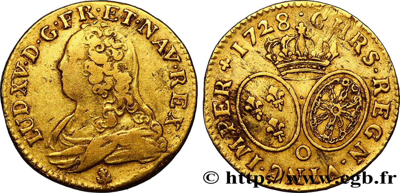 LOUIS XV DIT LE BIEN AIMÉ Louis d or aux écus ovales, buste habillé 1728 Riom TTB