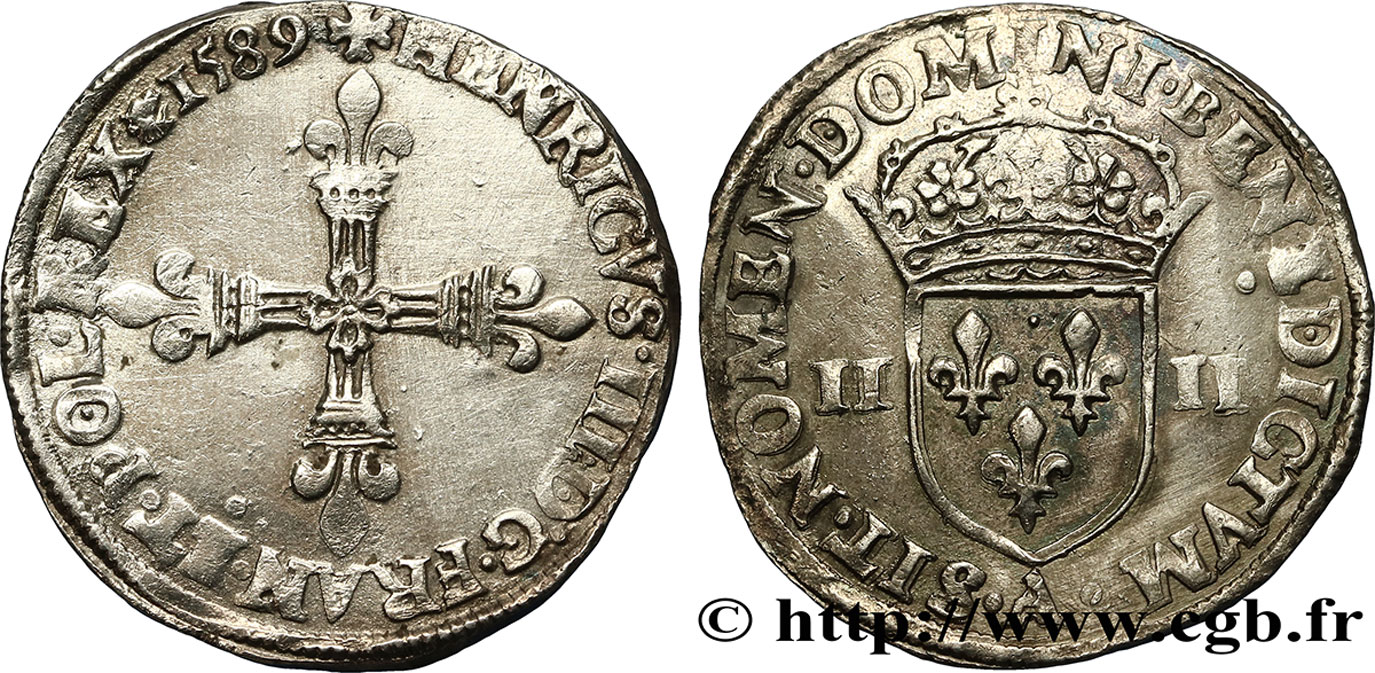 HENRY III Quart d écu, croix de face 1589 Paris EBC