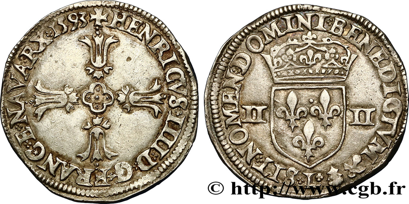 HENRI IV LE GRAND Quart d écu, croix feuillue de face
 1593 Bayonne TTB+