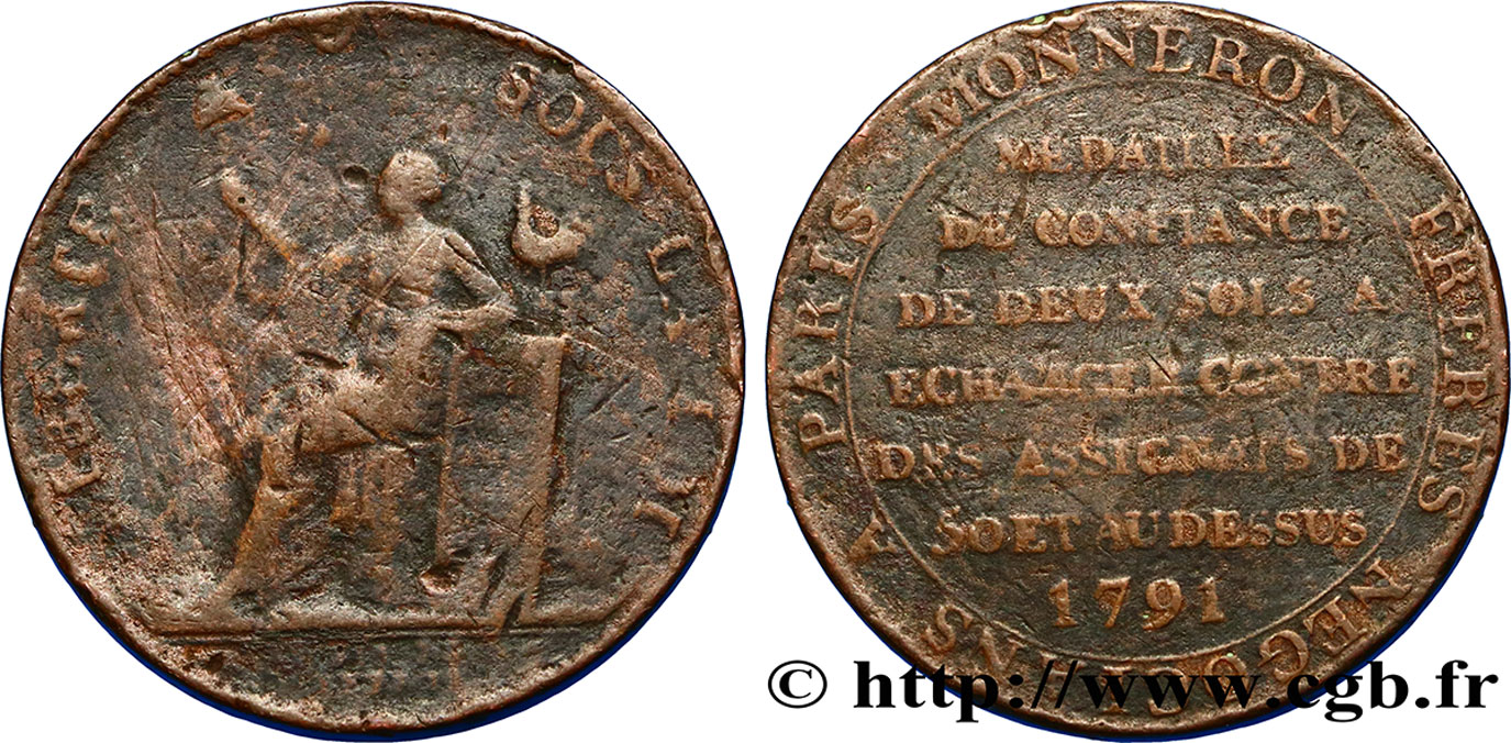 CONFIANCE (MONNAIES DE...) Monneron de 2 sols à la Liberté 1791 Birmingham, Soho AB