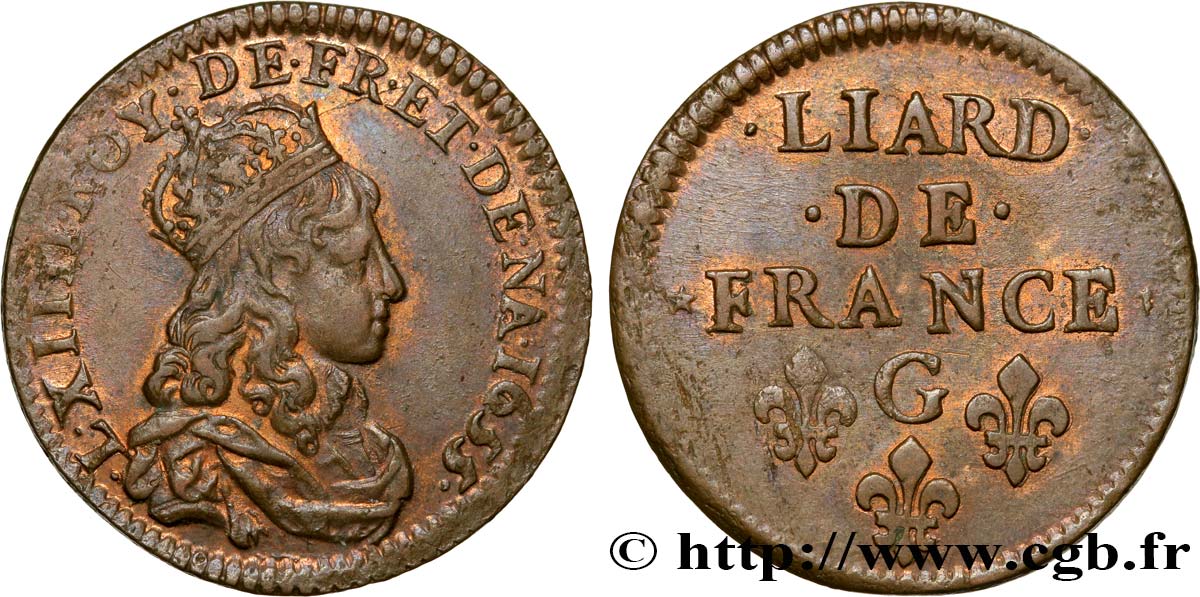 LOUIS XIV LE GRAND OU LE ROI SOLEIL Liard de cuivre, 2e type 1655 Montreuil-Bonnin SUP