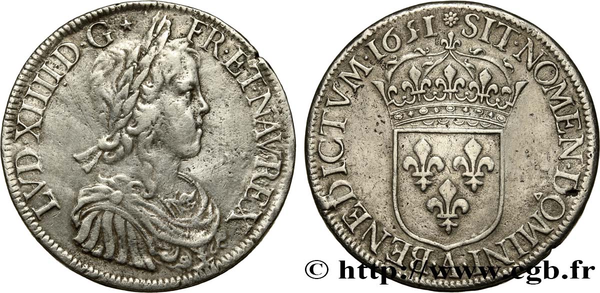 LOUIS XIV  THE SUN KING  Écu, portrait à la mèche longue 1651 Paris VF