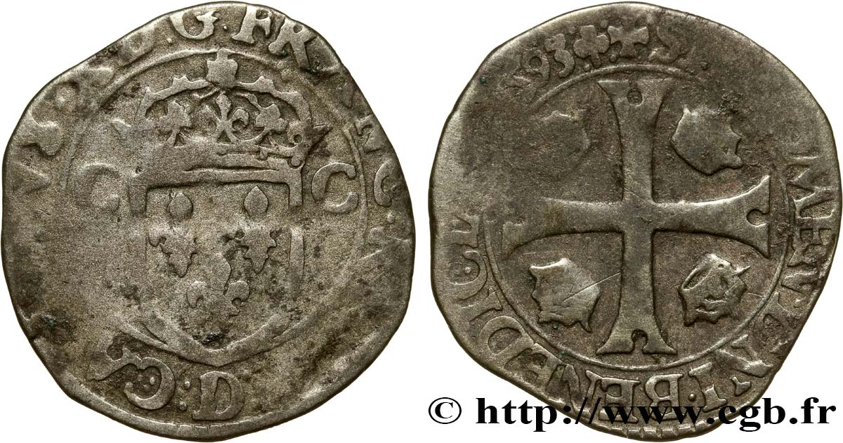 CHARLES X, CARDINAL OF BOURBON Douzain aux deux C, 1er type 1593 Lyon VF