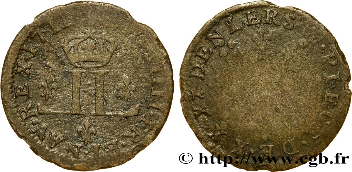 LOUIS XIV  THE SUN KING  XXX deniers aux 2 L couronnées 1711 Metz F