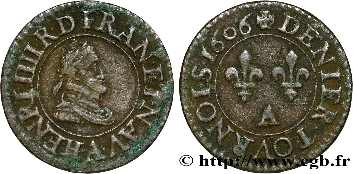 HENRI IV LE GRAND Denier tournois, 1er type de Paris (légende française) 1606 Paris TTB
