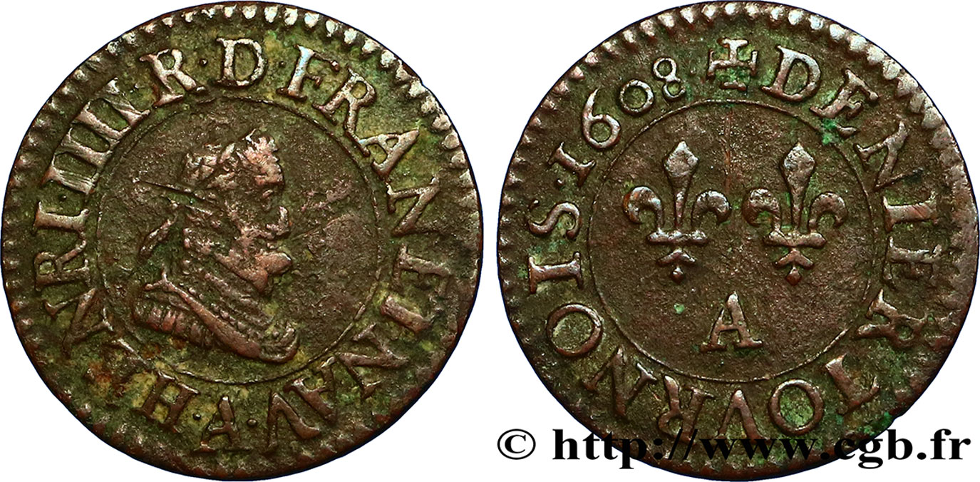 HENRI IV LE GRAND Denier tournois, 1er type de Paris (légende française) 1608 Paris, Moulin des Étuves TTB
