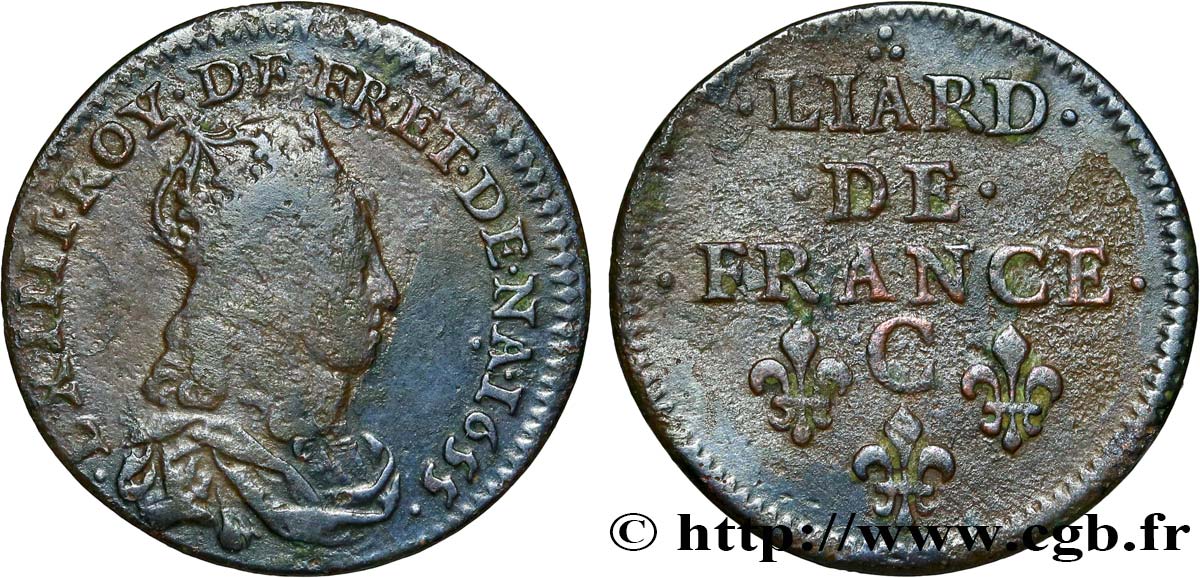 LOUIS XIV LE GRAND OU LE ROI SOLEIL Liard de cuivre, 2e type 1655 Caen TB+