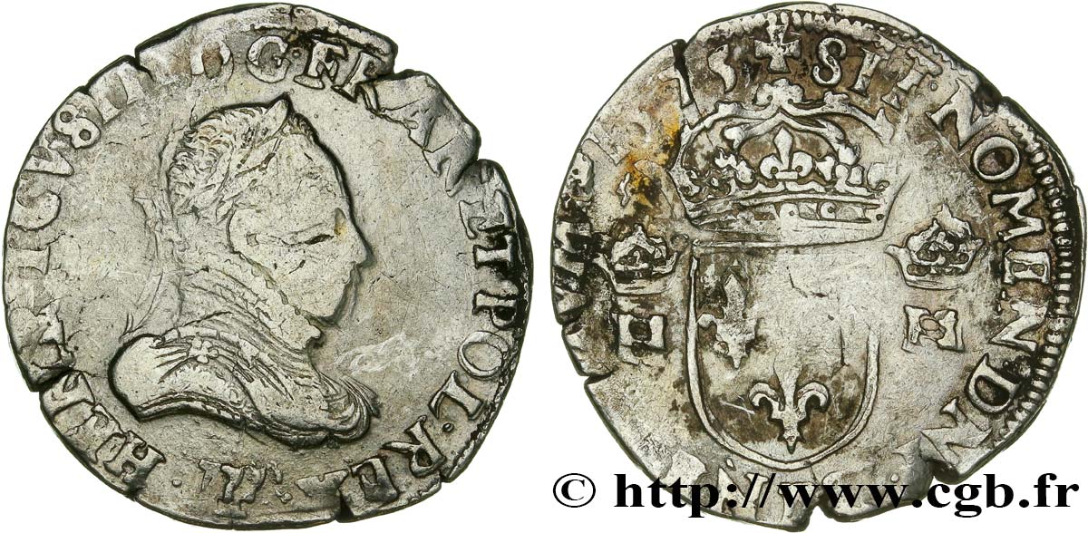 HENRY III Teston, 3e type (variété col gaufré) 1575 Angers MB
