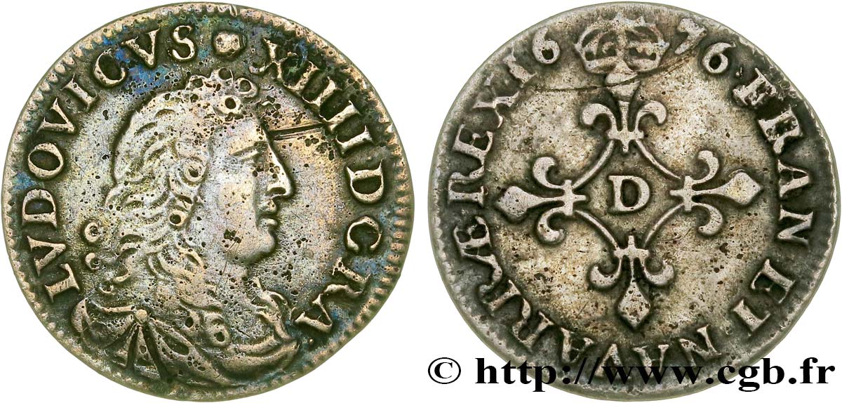 LOUIS XIV LE GRAND OU LE ROI SOLEIL Quatre sols à la croix formée de lis 1676 Vimy-en-Lyonnais (actuellement Neuville-sur-Saône) TB+