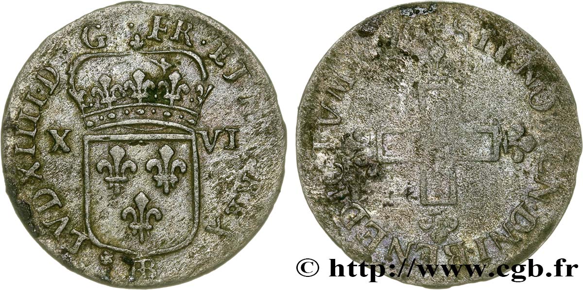 LOUIS XIV LE GRAND OU LE ROI SOLEIL XVI deniers 1696 Strasbourg TB+