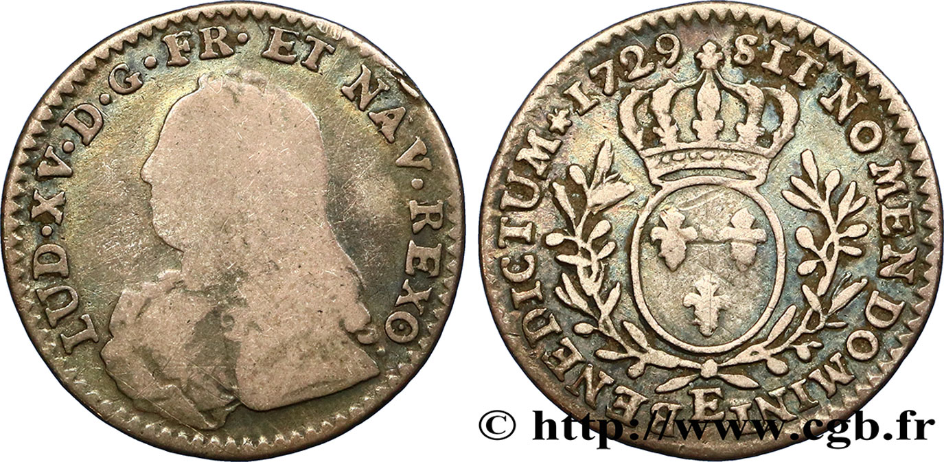 LOUIS XV DIT LE BIEN AIMÉ Dixième d’écu aux branches d’olivier, buste habillé 1729 Tours B+/TB