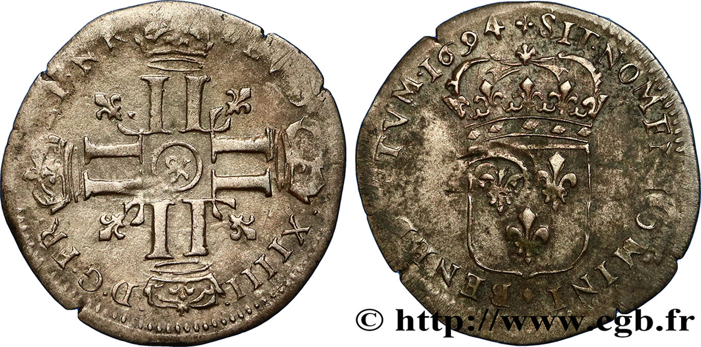 LOUIS XIV LE GRAND OU LE ROI SOLEIL Quinzain aux huit L 1694 Aix-en-Provence TB+