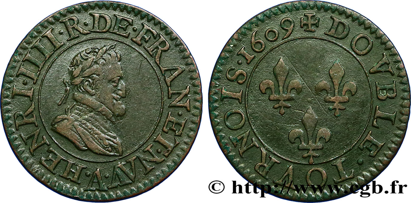 HENRI IV LE GRAND Double tournois, 2e type de Paris (légende française) 1609 Paris, Moulin des Étuves TTB
