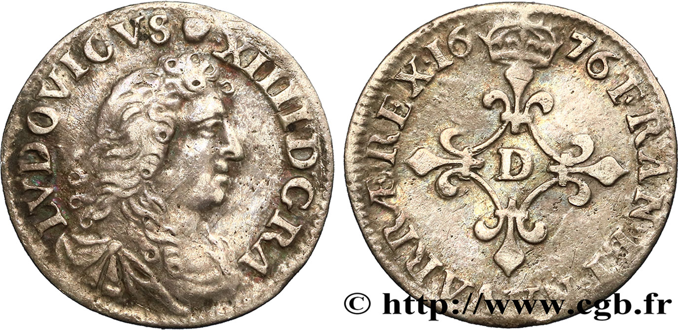 LOUIS XIV LE GRAND OU LE ROI SOLEIL Quatre sols à la croix formée de lis 1676 Vimy-en-Lyonnais (actuellement Neuville-sur-Saône) TB+