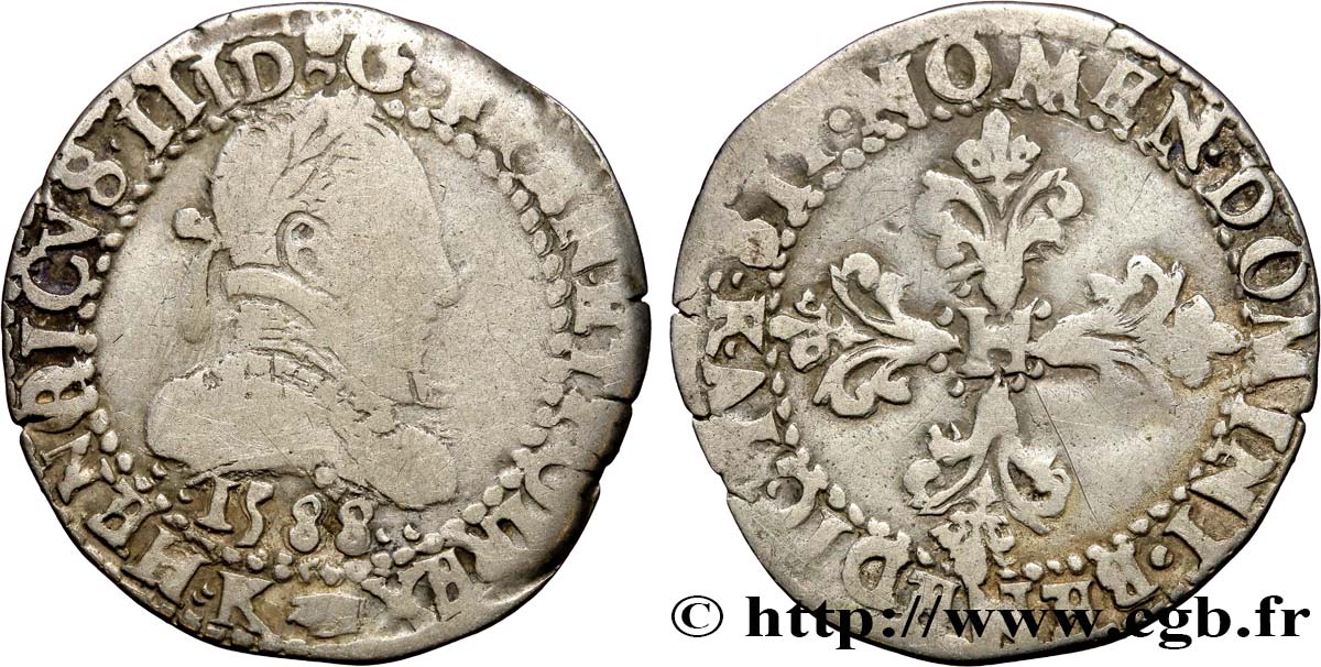 HENRY III Quart de franc au col plat 1588 Bordeaux S