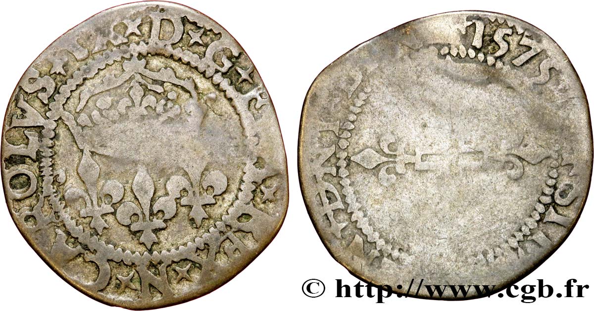 HENRY III. COINAGE AT THE NAME OF CHARLES IX Double sol parisis, 1er type 1575 Montpellier VF/VG