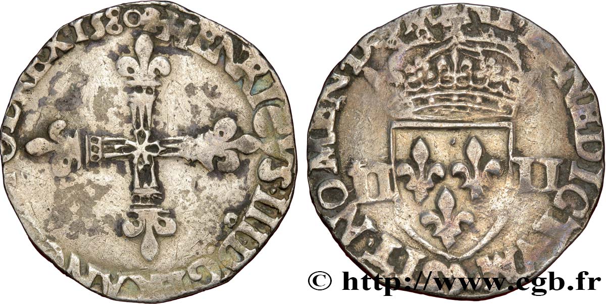 HENRY III Quart d écu, croix de face 1580 Rennes BC