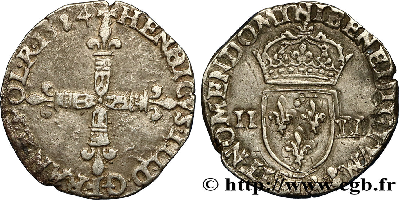 HENRY III Quart d écu, croix de face 1584 Bayonne q.BB