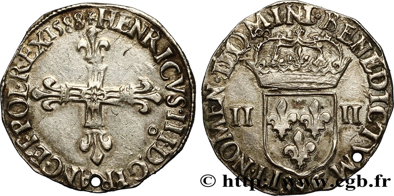 HENRI III Quart d écu, croix de face 1588 Rennes TTB