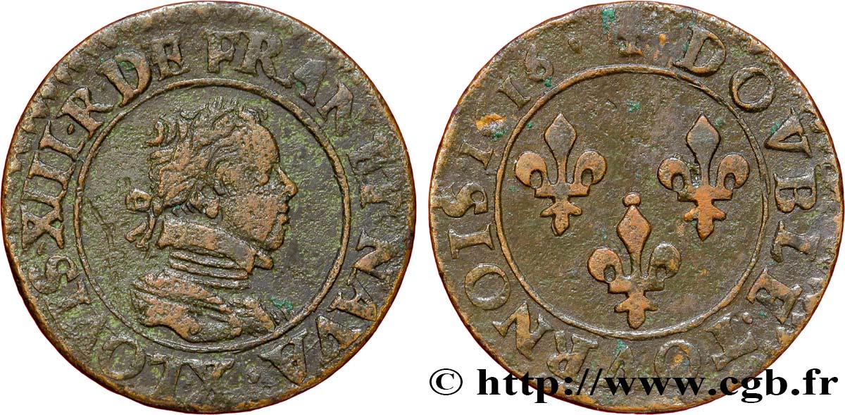 LOUIS XIII LE JUSTE Double tournois, buste enfantin d Amiens, (3e portrait) 1616 Amiens TB/TB+