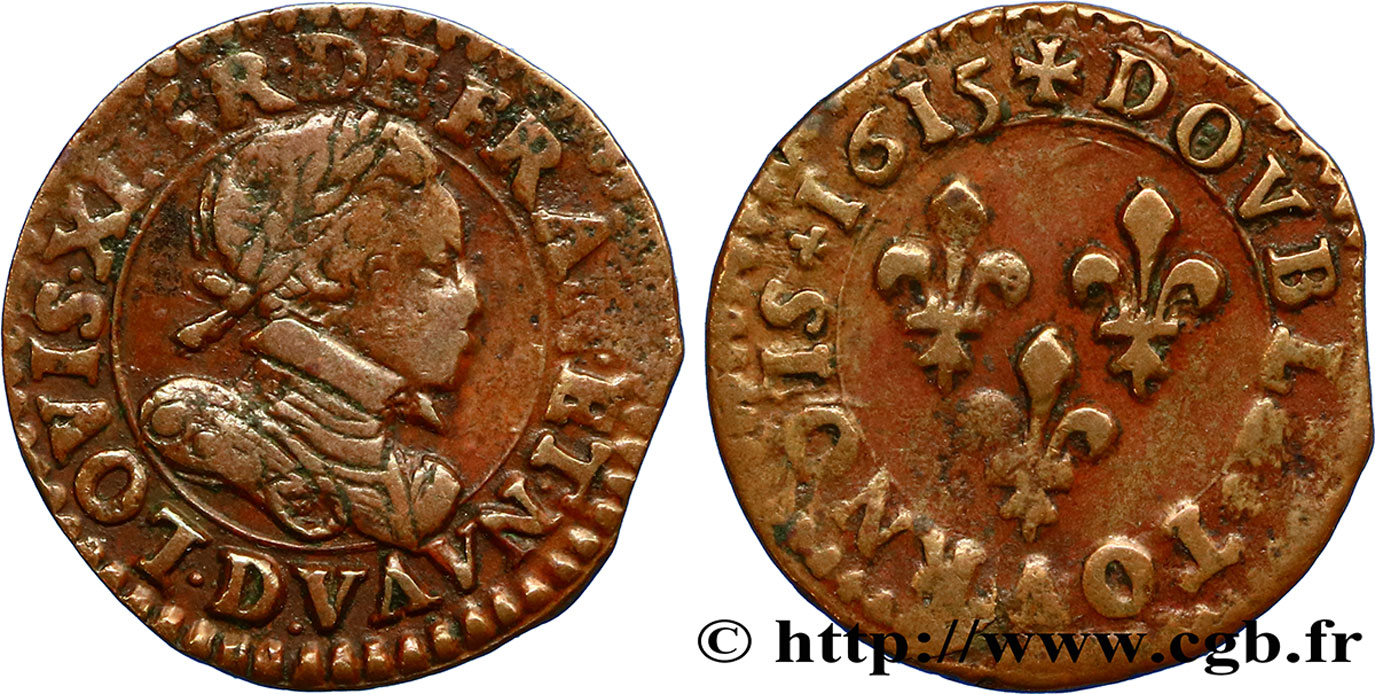 LOUIS XIII LE JUSTE Double tournois, type 3 1615 Lyon TTB