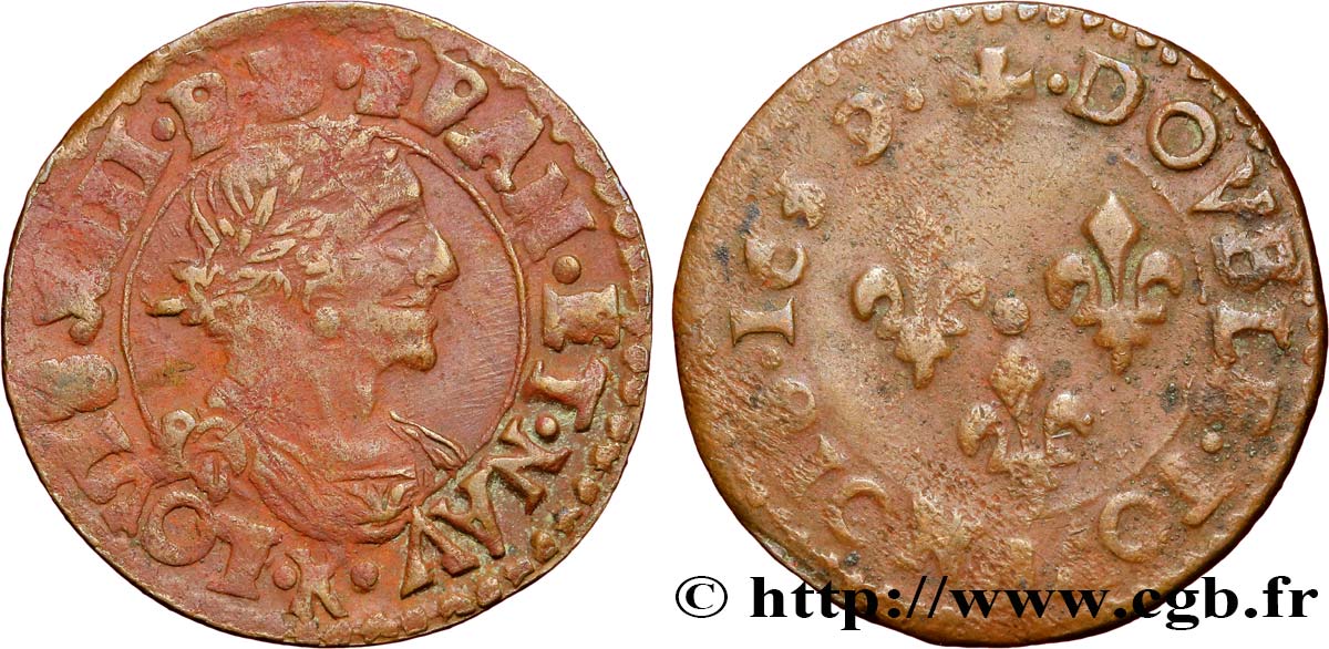 LOUIS XIII LE JUSTE Double tournois, type 14 1639 Bordeaux TTB/TB