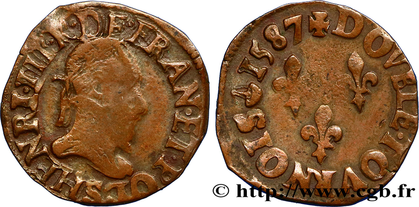 HENRY III Double tournois, type de Troyes 1587 Troyes BC+