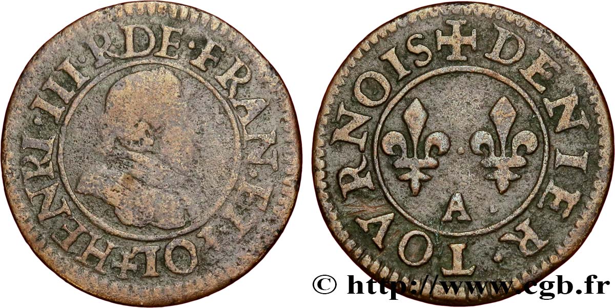 HENRI III Denier tournois, 1er type de Paris n.d. Paris, Moulin des Étuves TB/TB+