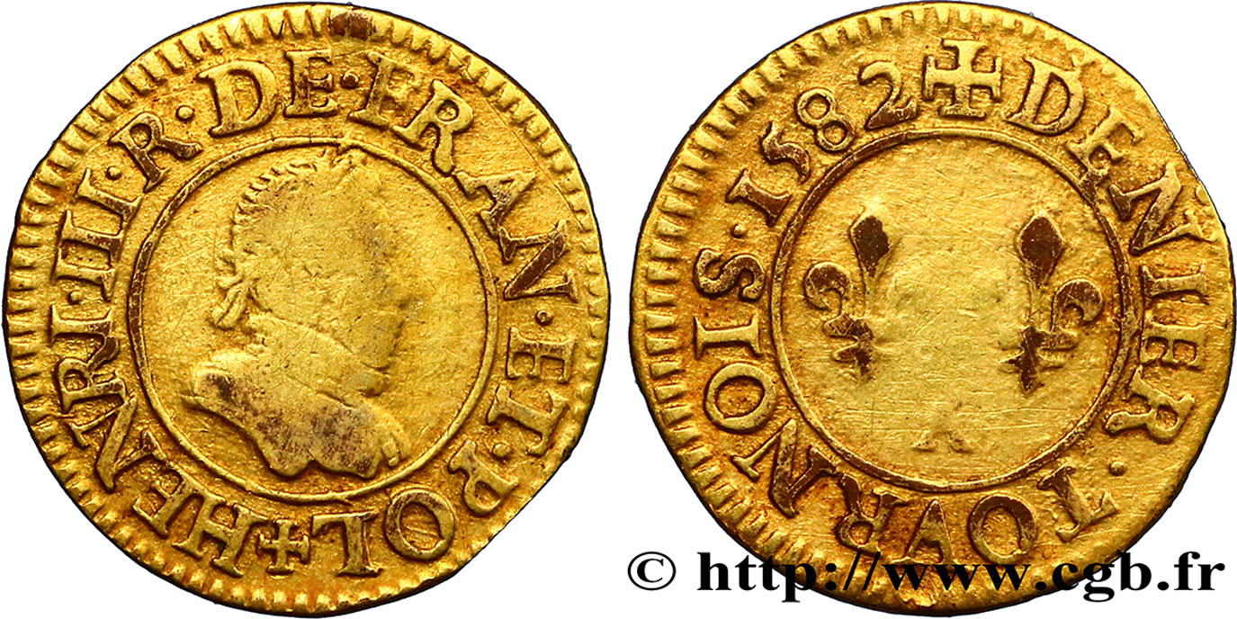 HENRI III Denier tournois, 1er type de Paris 1582 Paris, Moulin des Étuves TB+