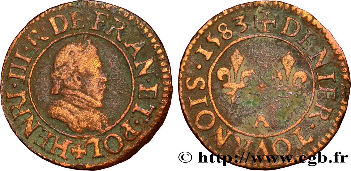 HENRI III Denier tournois, 1er type de Paris 1583 Paris, Moulin des Étuves TB+