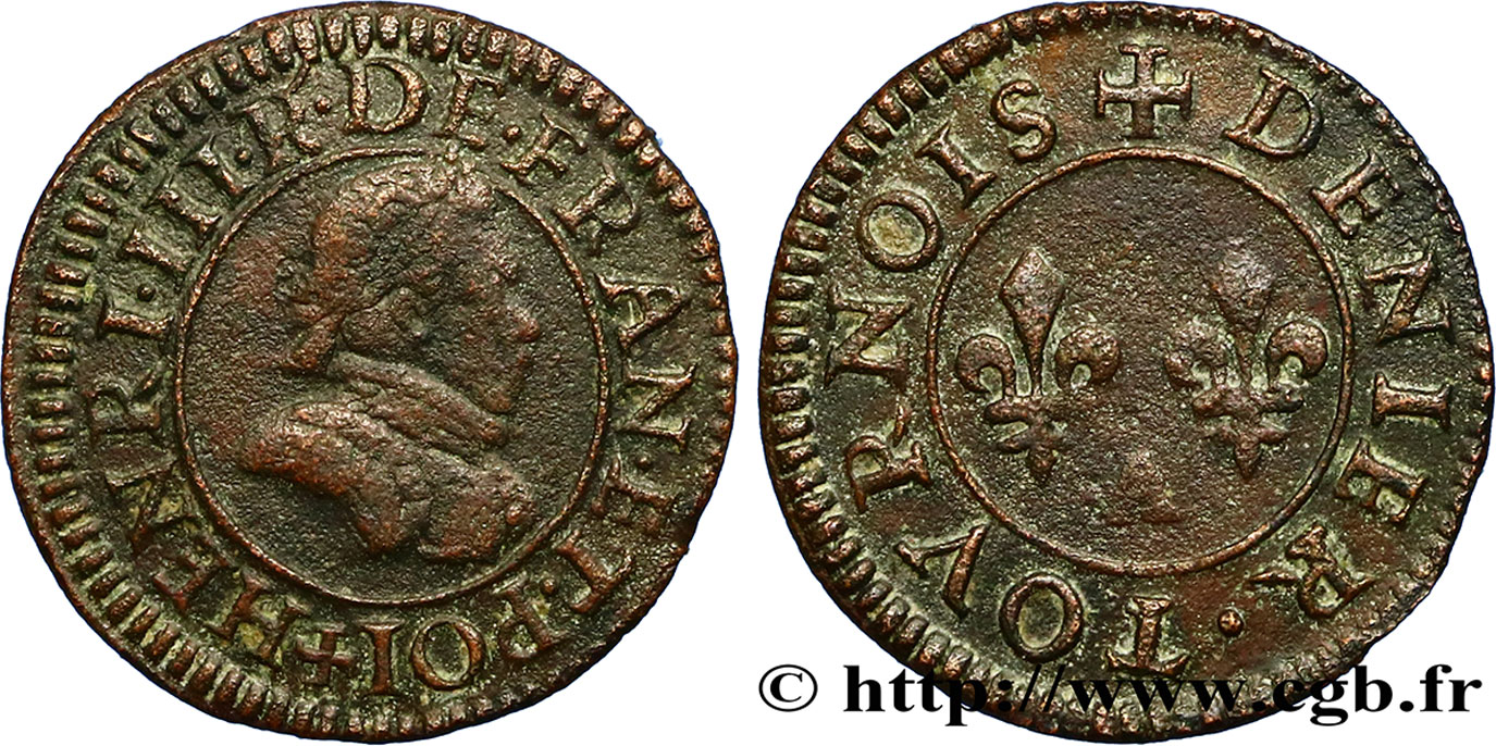 HENRI III Denier tournois, 1er type de Paris n.d. Paris, Moulin des Étuves TTB