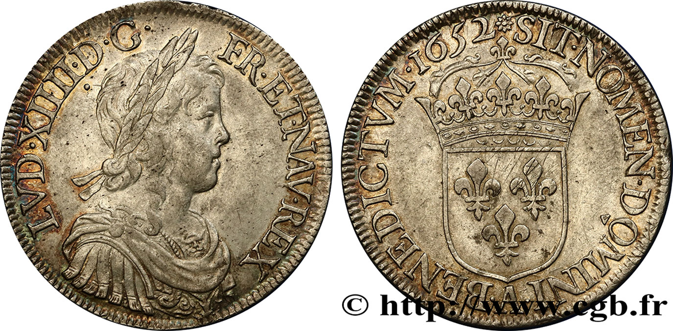 LOUIS XIV LE GRAND OU LE ROI SOLEIL Écu, portrait à la mèche longue 1652 Paris TTB+/SUP