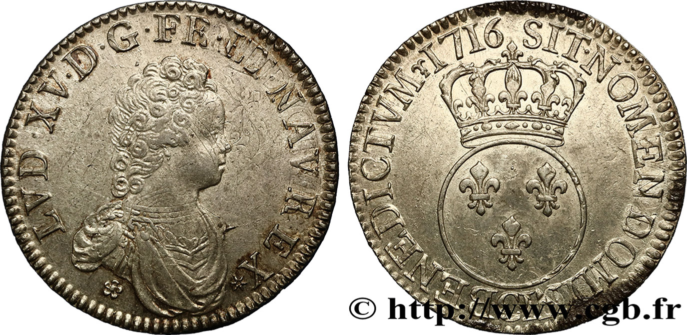 LOUIS XV DIT LE BIEN AIMÉ Écu dit  vertugadin  1716 Caen TTB+/SUP