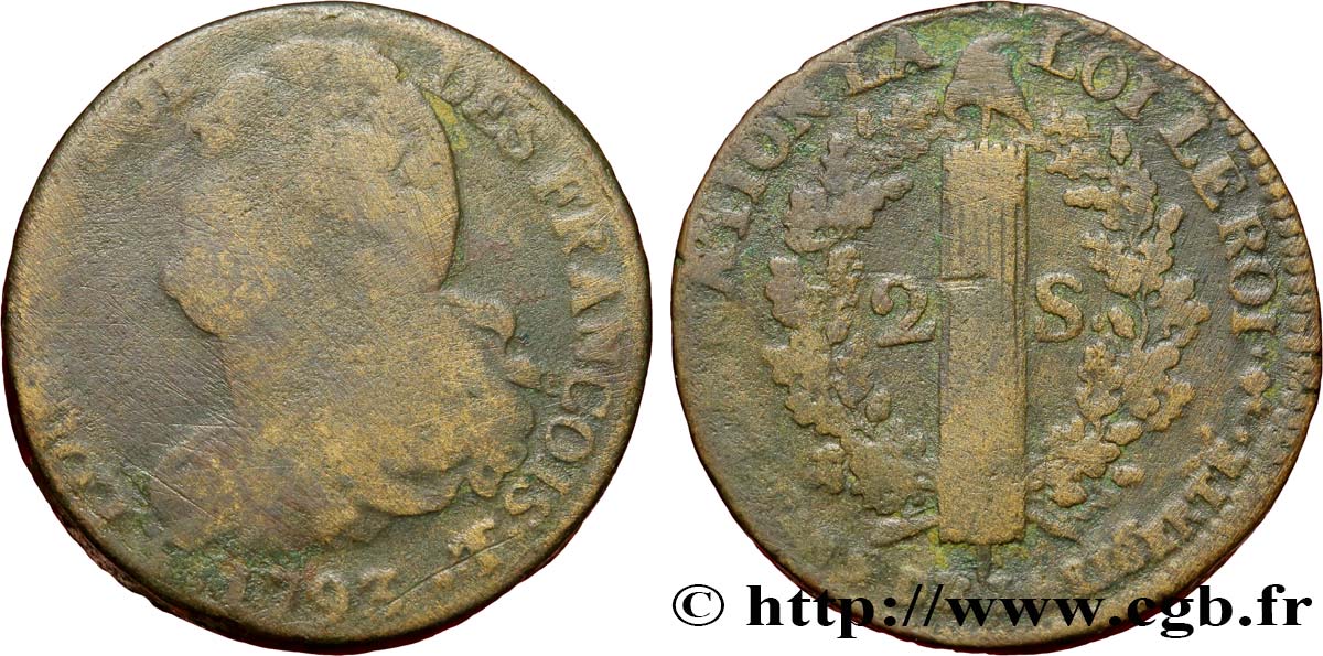 LOUIS XVI (MONARQUE CONSTITUTIONNEL)  2 sols dit  au faisceau , type FRANÇOIS 1793 Nantes B+/TB