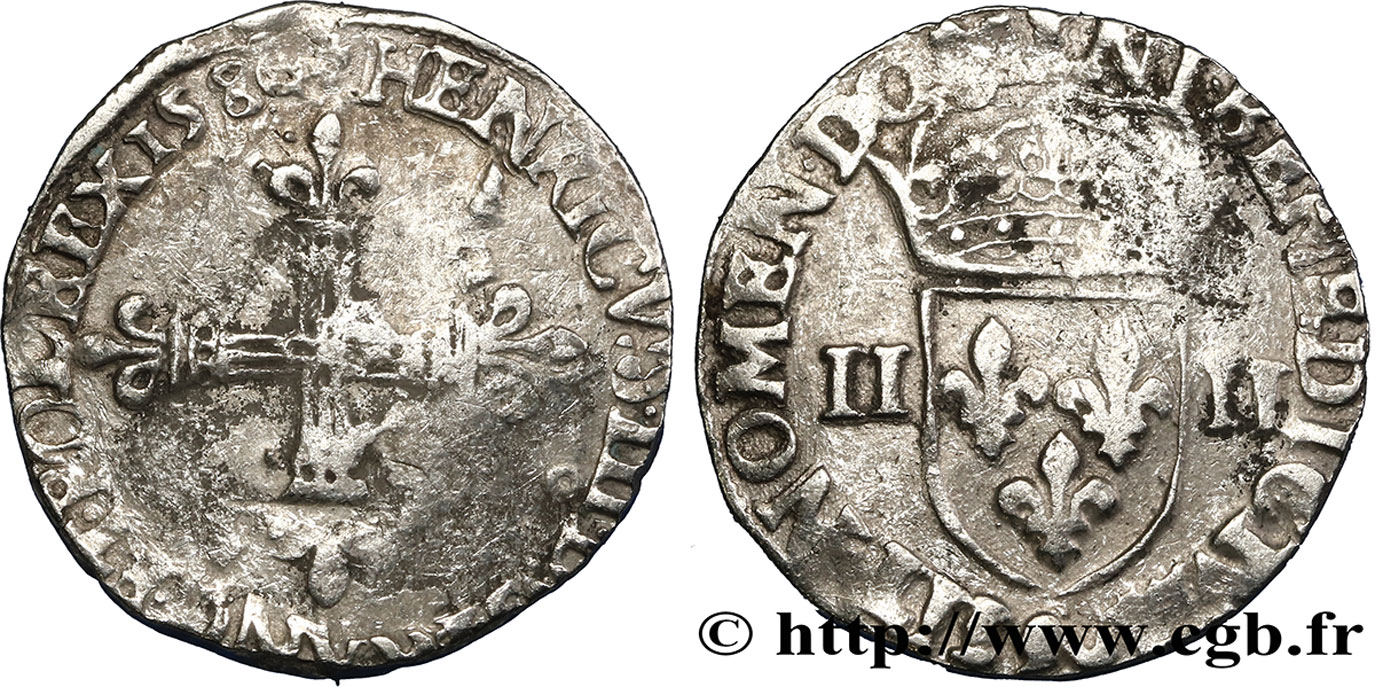 HENRI III Quart d écu, croix de face 1580 Rennes TB+
