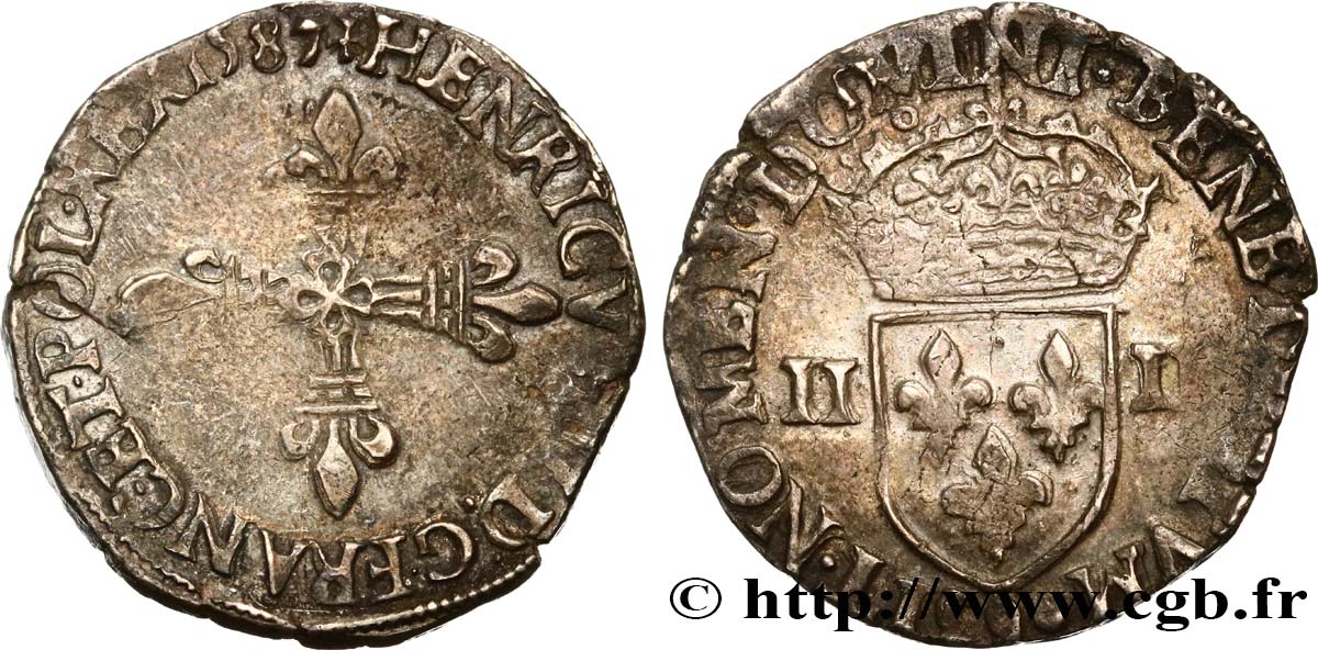 HENRI III Quart d écu, croix de face 1587 Rennes TTB