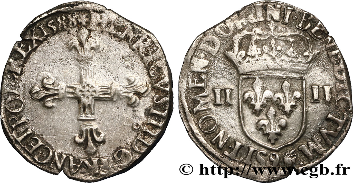 HENRY III Quart d écu, croix de face 1588 Rennes XF
