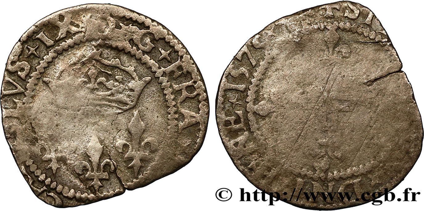 HENRY III. COINAGE AT THE NAME OF CHARLES IX Double sol parisis, 1er type 1575 Montpellier F/VG