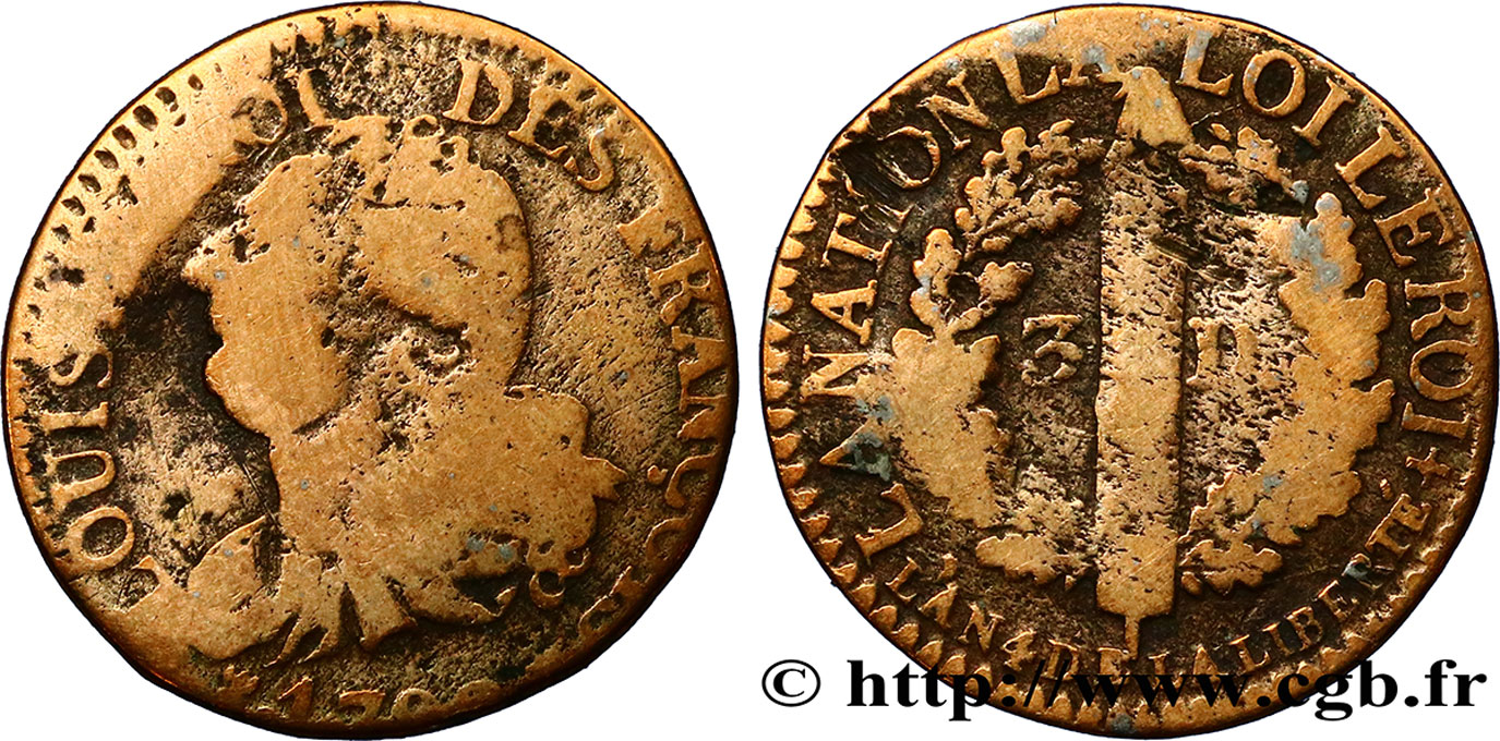 LOUIS XVI 3 deniers dit  au faisceau , type FRANÇOIS 1792 Limoges VF