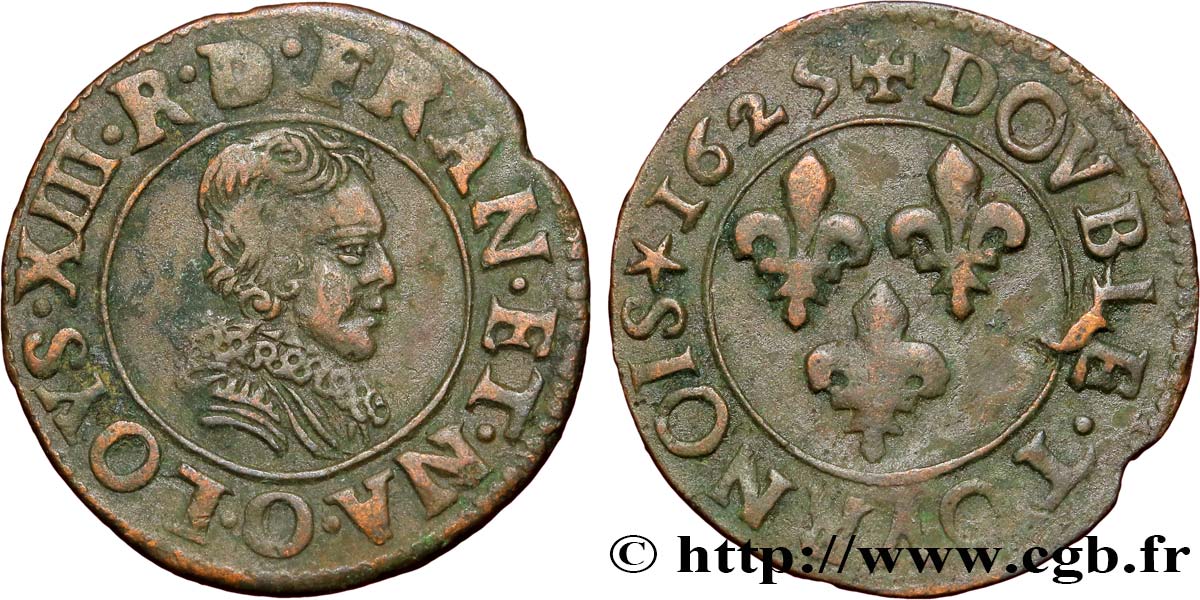LOUIS XIII LE JUSTE Double tournois, type 4 1625 Riom TTB