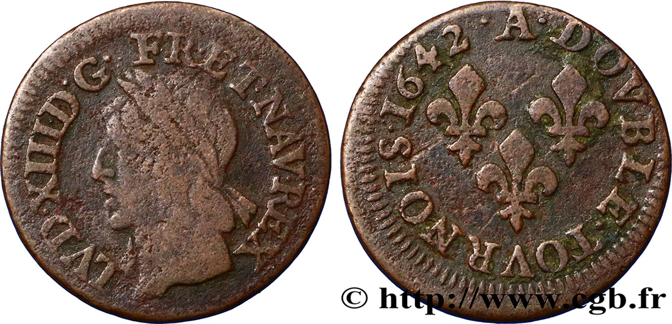 LOUIS XIII  Double tournois, type de Warin 1642 Corbeil VF
