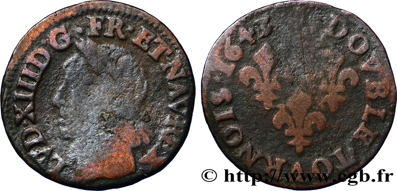 LOUIS XIII  Double tournois, type de Warin 1643 s.l. F