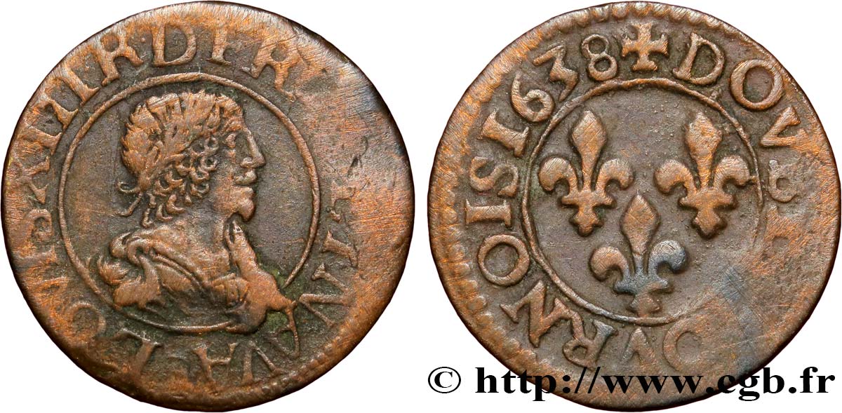 LOUIS XIII LE JUSTE Double tournois, type 16 1638 Tours TB+/TTB